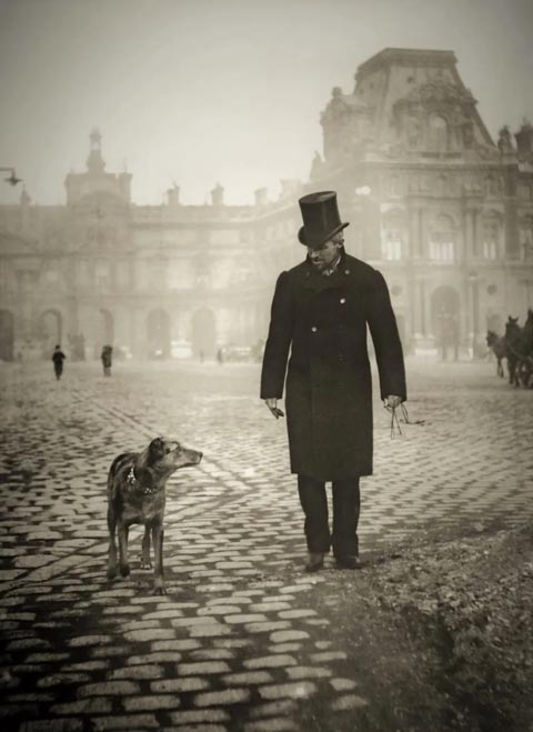 Gustave Caillebotte walking his dog at the Place du Carrousel in Paris, February, 1892. Photo by Gustave's brother, Martial.